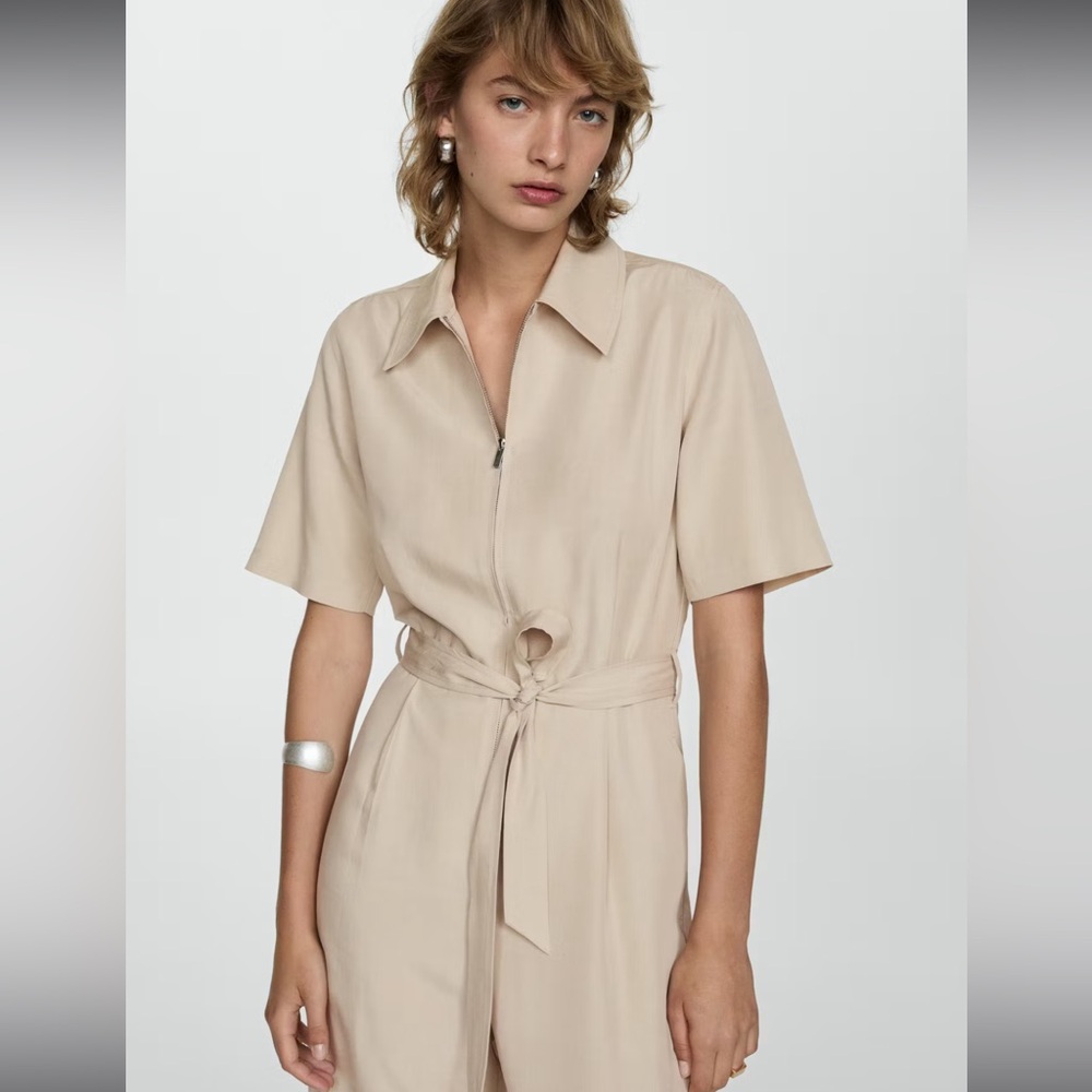 Mango Neutral Beige Short-Sleeve Tie-Waist Jumpsuit - Picture 2 of 10
